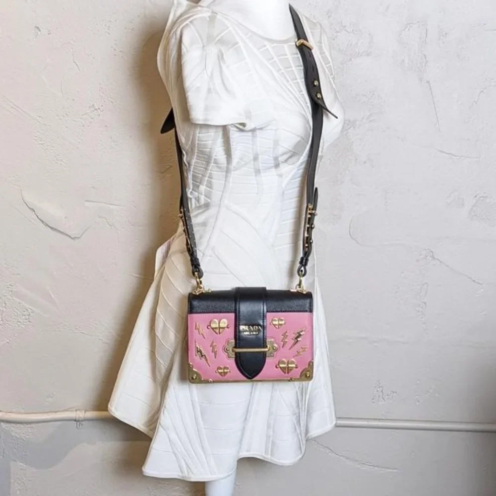 SOLD Prada Cahier Lightning Heart Studded Medium Pink Leather Cross Body Bag - Picture 9 of 10